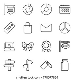 Thin line icon set : shop signboard, circle diagram, calendar, sale, shopping bag, mail, notebook, bow, medal, singlepost, signpost, label, bank