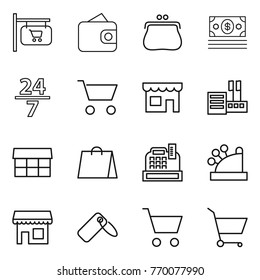 Thin line icon set : shop signboard, wallet, purse, money, 24 7, cart, store, market, shopping bag, cashbox, label