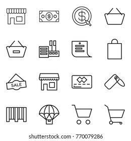 Thin line icon set : shop, money, dollar arrow, basket, remove from, store, shopping list, bag, sale, credit card, label, bar code, parachute delivery, cart