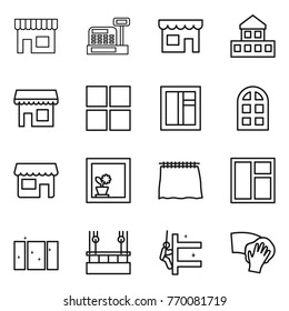 Thin line icon set : shop, cashbox, cottage, window, arch, flower in, curtain, clean, skysrcapers cleaning, skyscrapers, wiping