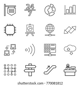 Thin line icon set : shop signboard, 24 7, circle diagram, graph, chip, presentation, globe connect, up down arrow, notebook, wireless, server, cloude service, singlepost, escalator, reception