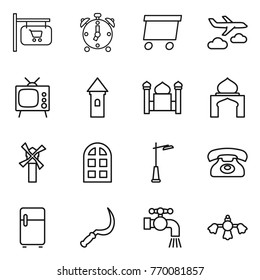 Thin line icon set : shop signboard, alarm clock, delivery, journey, tv, tower, minaret, windmill, arch window, outdoor light, phone, fridge, sickle, water tap, hard reach place cleaning