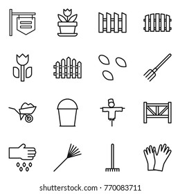 Thin line icon set : shop signboard, flower, fence, perishable, seeds, fork, wheelbarrow, bucket, scarecrow, farm, sow, rake, gloves
