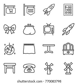 Thin line icon set : shop signboard, rocket, abacus, bow, purse, tv, disco ball, curtain, table, dresser, stool, phone, windmill