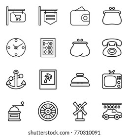 Thin line icon set : shop signboard, wallet, purse, clock, abacus, phone, anchor, photo, service bell, tv, hand mill, wheel, windmill, car wash