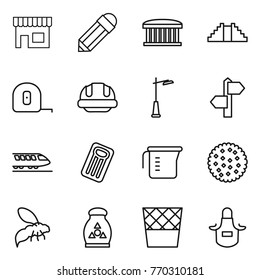 Thin line icon set : shop, pencil, airport building, pyramid, measuring tape, helmet, outdoor light, signpost, train, inflatable mattress, cup, cookies, wasp, fertilizer, trash bin, apron