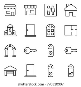 Thin line icon set : shop, wc, home, mansion, door, arch window, plan, key, do not distrub, garage, please clean