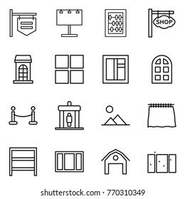 Thin line icon set : shop signboard, billboard, abacus, building, window, arch, vip fence, detector, landscape, curtain, rack, barn, clean