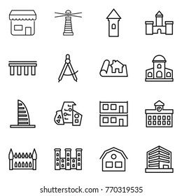 Thin line icon set : shop, lighthouse, tower, castle, bridge, draw compass, project, mansion, skyscraper, modern architecture, modular house, university, gothic, palace, office