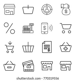 Thin line icon set : shop, basket, target audience, money gift, percent, cashbox, phone pay, cart, add to, account balance, remove from, credit card