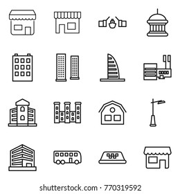 Thin line icon set : shop, drawbridge, goverment house, building, skyscrapers, skyscraper, mall, palace, outdoor light, office, bus, taxi
