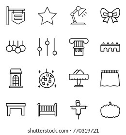 Thin line icon set : shop signboard, star, table lamp, bow, sale, equalizer, column, bridge, building, disco ball, restaurant, curtain, crib, scarecrow, pumpkin