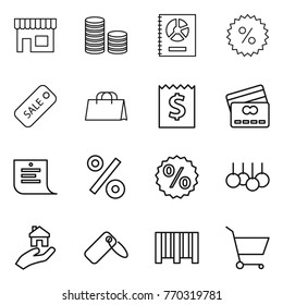 Thin line icon set : shop, coin stack, annual report, percent, sale, shopping bag, receipt, credit card, list, real estate, label, bar code, cart