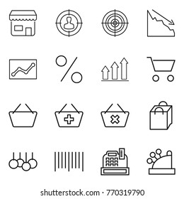 Thin line icon set : shop, target audience, crisis, statistics, percent, graph up, cart, basket, add to, delete, shopping bag, sale, bar code, cashbox