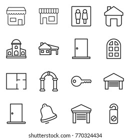 Thin line icon set : shop, wc, home, mansion, house with garage, door, arch window, plan, key, bell, do not distrub