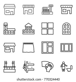 Thin line icon set : shop, cashbox, mansion, cottage, window, arch, curtain, skysrcapers cleaning, skyscrapers, wiping, toilet