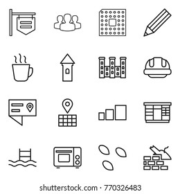 Thin line icon set : shop signboard, group, cpu, pencil, hot drink, tower, palace, building helmet, location details, map, sorting, wardrobe, pool, grill oven, seeds, construct garbage