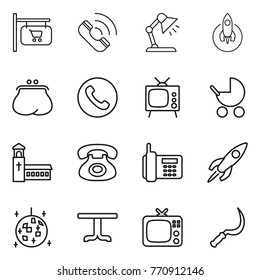 Thin line icon set : shop signboard, call, table lamp, rocket, purse, phone, tv, baby stroller, church, disco ball, sickle