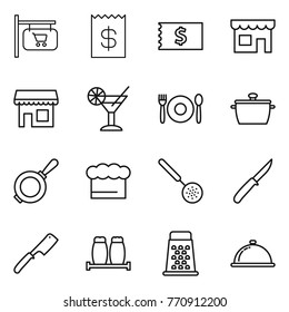 Thin line icon set : shop signboard, receipt, cocktail, cafe, pan, chief hat, skimmer, knife, chef, salt pepper, grater, meal cap