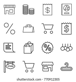 Thin line icon set : shop, coin stack, receipt, annual report, percent, shopping bag, cart, list, sale, store signboard, hanger