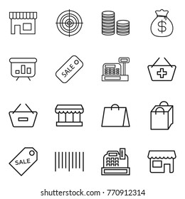 Thin line icon set : shop, target, coin stack, money bag, presentation, sale, cashbox, add to basket, remove from, market, shopping, label, bar code