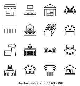 Thin line icon set : shop, hierarchy, warehouse, bridge, cottage, brick, barn, factory, university, school, japanese house, fort, antique column, home