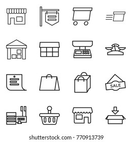 Thin line icon set : shop, signboard, delivery, warehouse, market, scales, shopping list, bag, sale, mall, basket, package