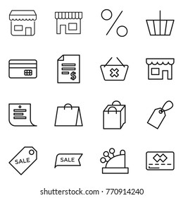 Thin line icon set : shop, percent, basket, credit card, account balance, delete cart, shopping list, bag, label, sale, cashbox
