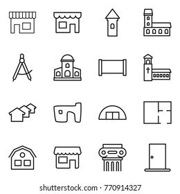 Thin line icon set : shop, tower, mansion, draw compass, fence, church, houses, slum, hangare, plan, house, antique column, door