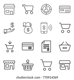 Thin line icon set : shop, cart, target audience, card, investment, money gift, phone pay, add to, credit, account balance, remove from basket