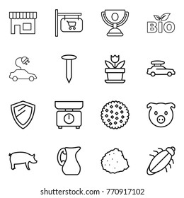 Thin line icon set : shop, signboard, trophy, bio, electric car, nail, flower, baggage, shield, kitchen scales, cookies, pig, jug, pile of garbage, bug