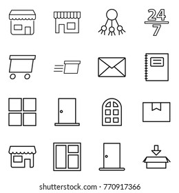 Thin line icon set : shop, share, 24 7, delivery, mail, copybook, window, door, arch, package box