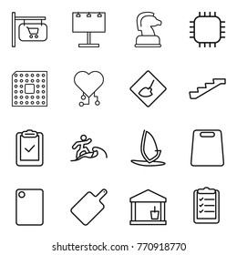 Thin line icon set : shop signboard, billboard, chess horse, chip, cpu, cardio, under construction, stairs, clipboard check, surfer, windsurfing, cutting board, utility room, list