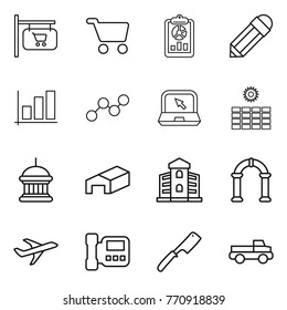 Thin line icon set : shop signboard, cart, report, pencil, graph, notebook, sun power, goverment house, warehouse, building, arch, plane, intercome, chef knife, pickup