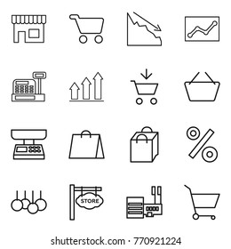 Thin line icon set : shop, cart, crisis, statistics, cashbox, graph up, add to, basket, market scales, shopping bag, percent, sale, store signboard, mall