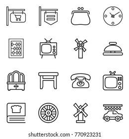 Thin line icon set : shop signboard, purse, clock, abacus, tv, windmill, service bell, dresser, stool, phone, cooking book, wheel, car wash
