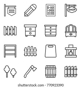 Thin line icon set : shop signboard, pencil, abacus, fence, nightstand, chest of drawers, dresser, rack, cutting board, fireplace, trees, axe, barrel