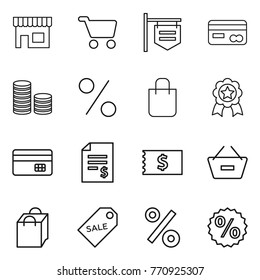 Thin line icon set : shop, cart, signboard, card, coin stack, percent, shopping bag, medal, credit, account balance, receipt, remove from basket, sale label