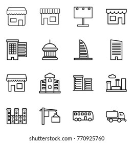 Thin line icon set : shop, billboard, houses, goverment house, skyscraper, building, district, city, palace, loading, bus, sweeper