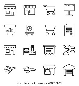 Thin line icon set : shop, cart, billboard, presentation, account balance, store, atm receipt, journey, plane, garage