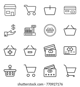 Thin line icon set : shop, cart, basket, card, investment, cashbox, crypto currency, add to, remove from, credit