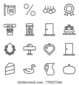 Thin line icon set : shop signboard, percent, sale, medal, column, building, door, flower bed, hawaiian wreath, restaurant, heart pendant, cake, goose, jug, pumpkin