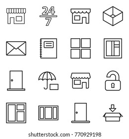 Thin line icon set : shop, 24 7, box, mail, copybook, window, door, insurance, unlocked, package