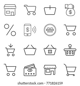 Thin line icon set : shop, cart, basket, money gift, percent, phone pay, crypto currency, add to, delete, credit card