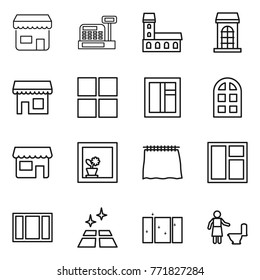 Thin line icon set : shop, cashbox, mansion, building, window, arch, flower in, curtain, clean floor, toilet cleaning