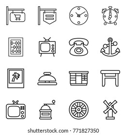 Thin line icon set : shop signboard, clock, alarm, abacus, tv, phone, anchor, photo, service bell, wardrobe, stool, hand mill, wheel, windmill