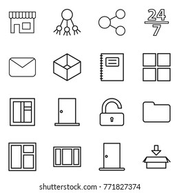 Thin line icon set : shop, share, 24 7, mail, box, copybook, window, door, unlock, documents, package