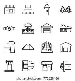 Thin line icon set : shop, hierarchy, tower, bridge, drawbridge, cottage, garage, house with, factory, pyramid, office, warehouse, airport, hotel, skyscrapers cleaning