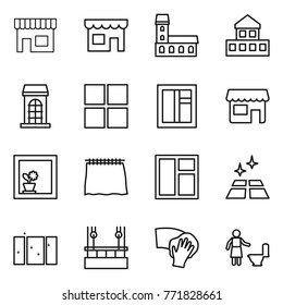 Thin line icon set : shop, mansion, cottage, building, window, flower in, curtain, clean floor, skysrcapers cleaning, wiping, toilet