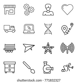 Thin line icon set : shop, gear, woman, heart, truck, notebook, dna, route, shipping, deltaplane, starfish, wireless, nightstand, big spoon, water pump, vacuum cleaner